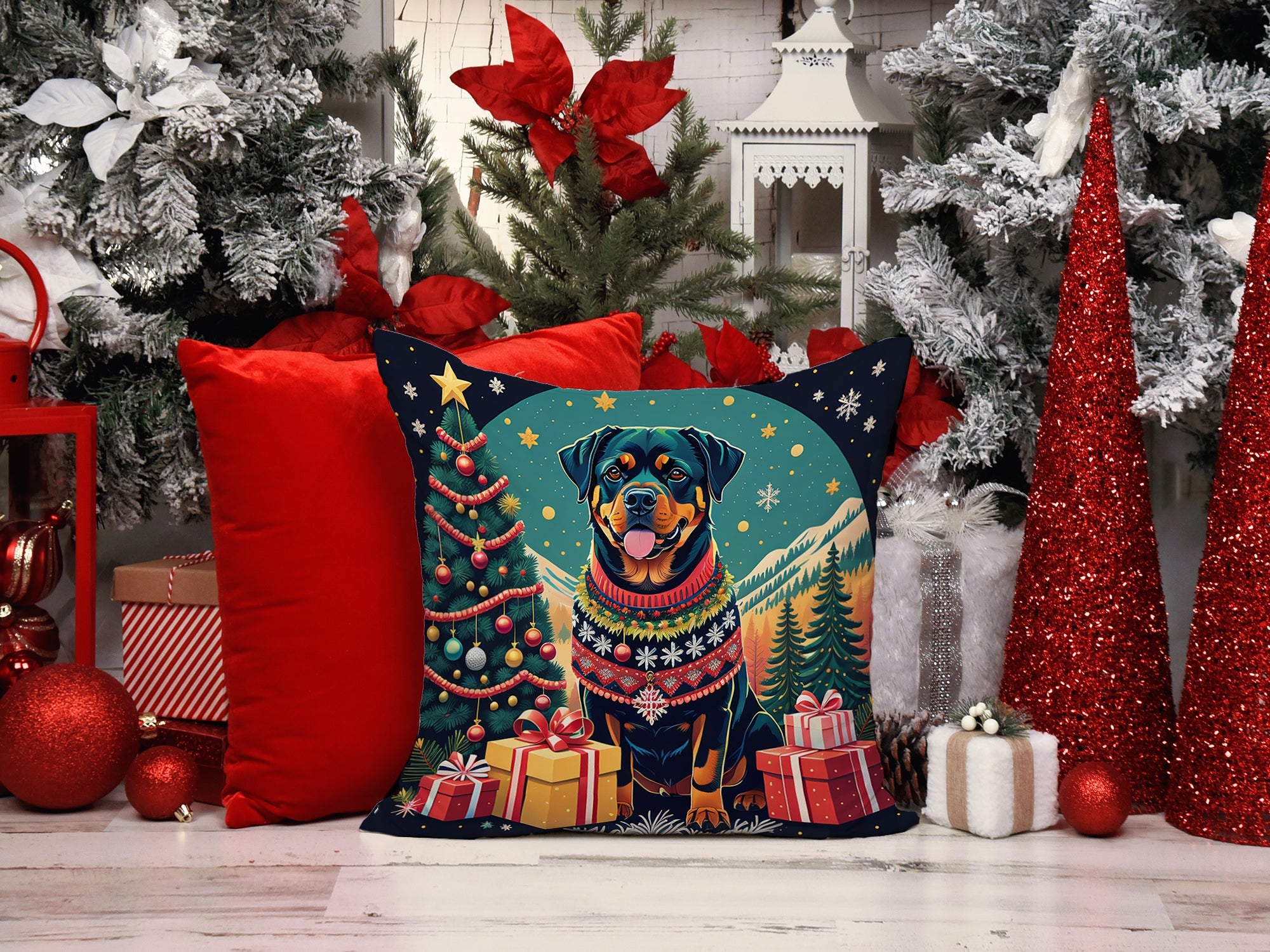 Rottweiler Christmas Decorative Throw Pillow 14x14 Indoor Outdoor Accent Cushion, Fabric Cover with Insert for Sofa, Bed, Porch & Living Room