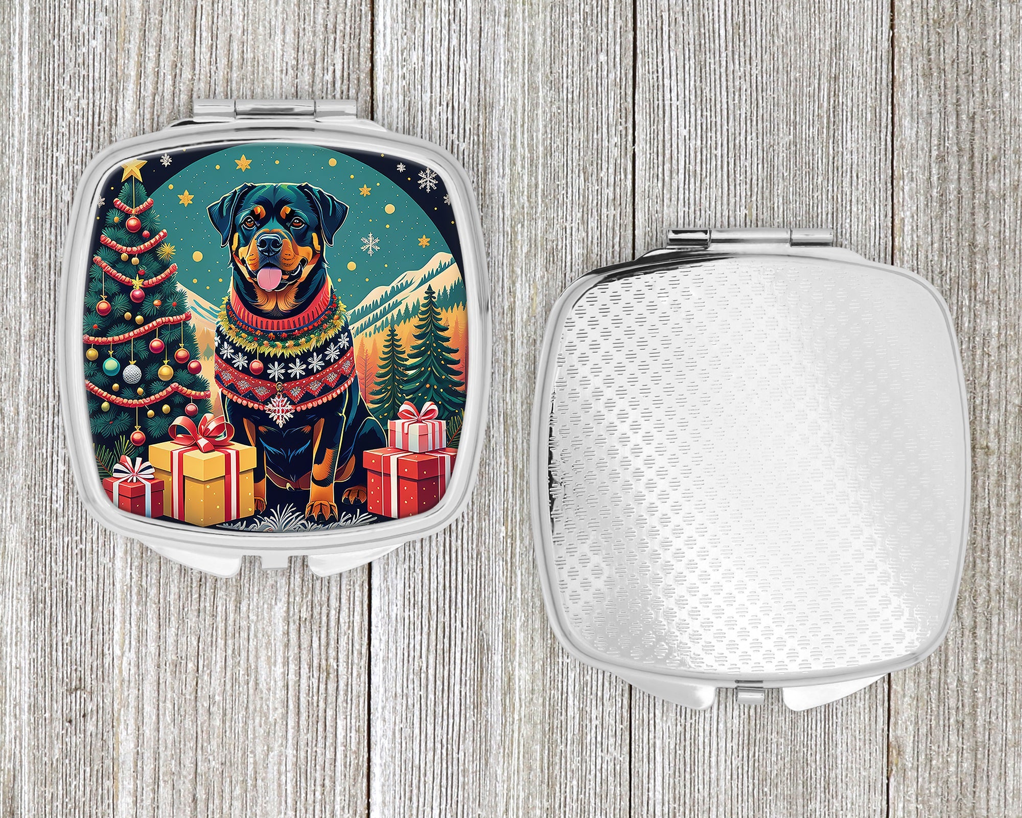 Rottweiler Christmas Compact Mirror Decorative Travel Makeup Mirror for Women Girls Gifts Pocket Makeup Mirror Folding Handheld