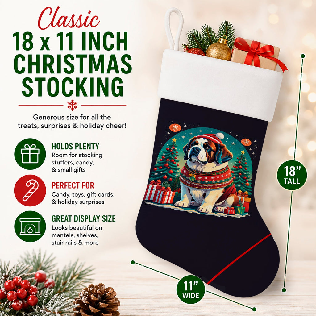 Saint Bernard Christmas Holiday Stocking Double-Sided Print, Polyester Suede,11x18, Made in USA