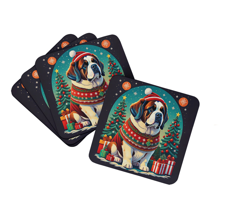 Saint Bernard Christmas Foam Coasters Set of 4 Cup Coasters for Indoor Outdoor, Tabletop Protection, Anti Slip, Mouse pad Material