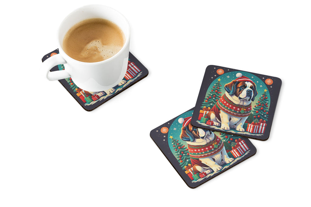Saint Bernard Christmas Foam Coasters Set of 4 Cup Coasters for Indoor Outdoor, Tabletop Protection, Anti Slip, Mouse pad Material