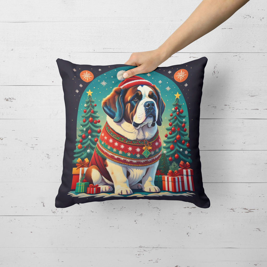 Saint Bernard Christmas Decorative Throw Pillow 14x14 Indoor Outdoor Accent Cushion, Fabric Cover with Insert for Sofa, Bed, Porch & Living Room