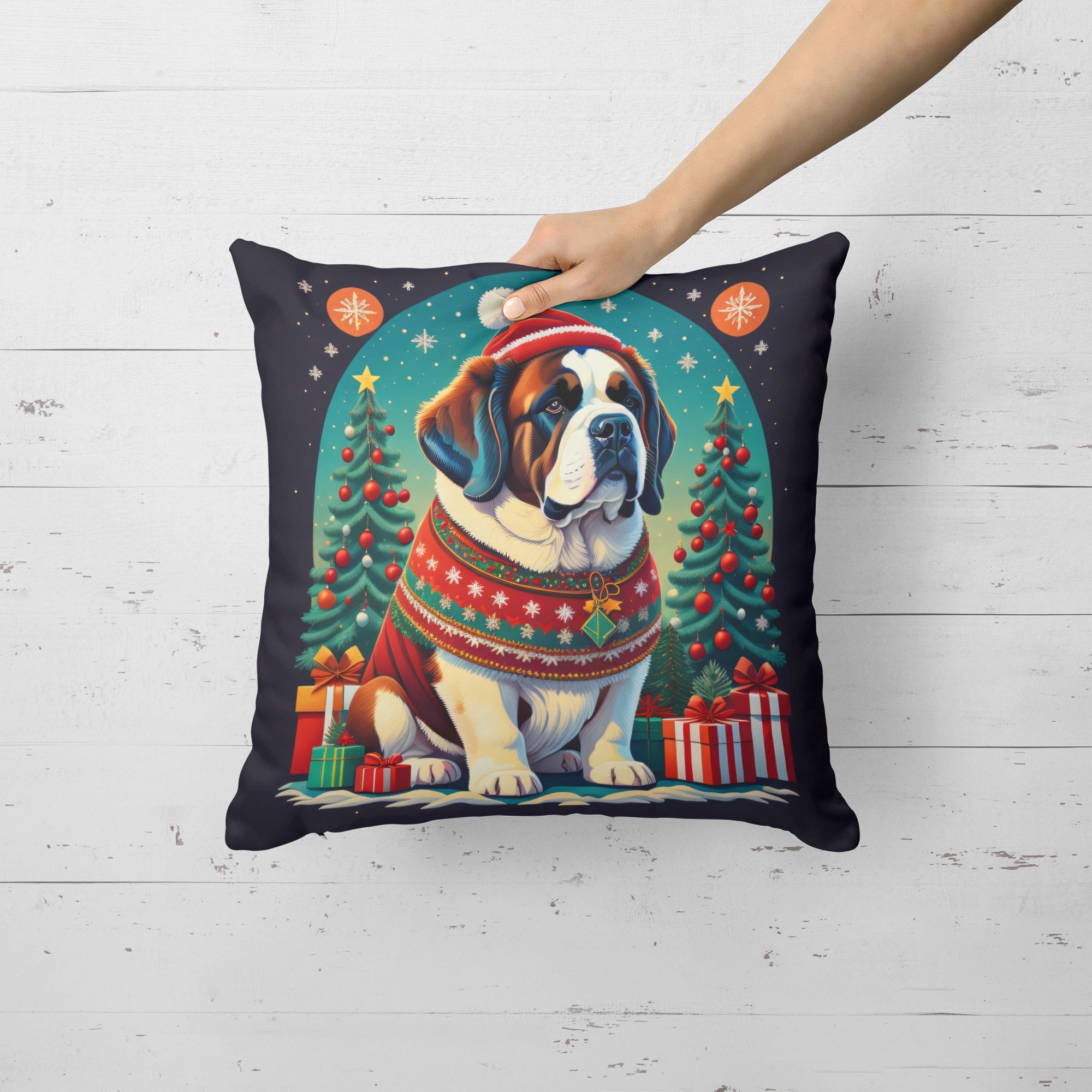 Saint Bernard Christmas Decorative Throw Pillow 14x14 Indoor Outdoor Accent Cushion, Fabric Cover with Insert for Sofa, Bed, Porch & Living Room
