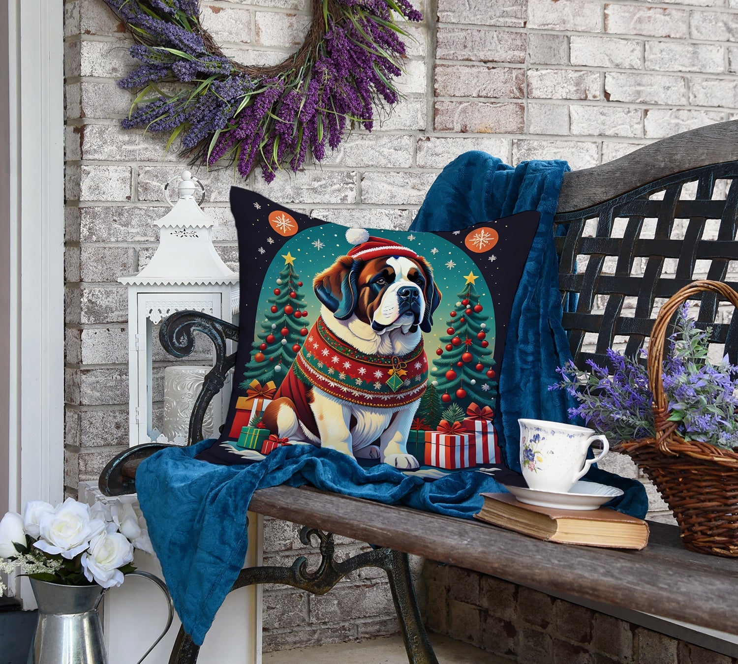 Saint Bernard Christmas Decorative Throw Pillow 18x18 Indoor Outdoor Accent Cushion, Fabric Cover with Insert for Sofa, Bed, Porch & Living Room