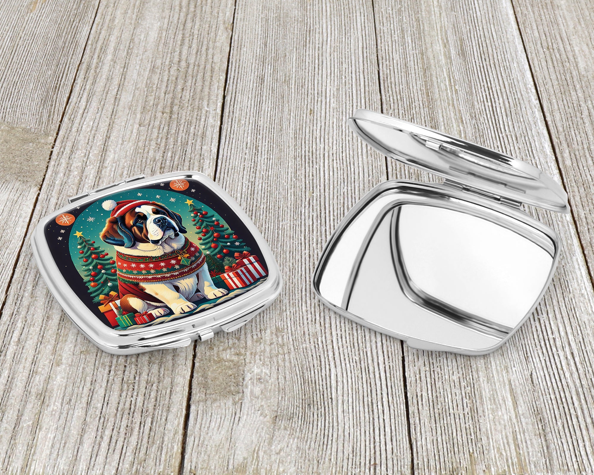 Saint Bernard Christmas Compact Mirror Decorative Travel Makeup Mirror for Women Girls Gifts Pocket Makeup Mirror Folding Handheld
