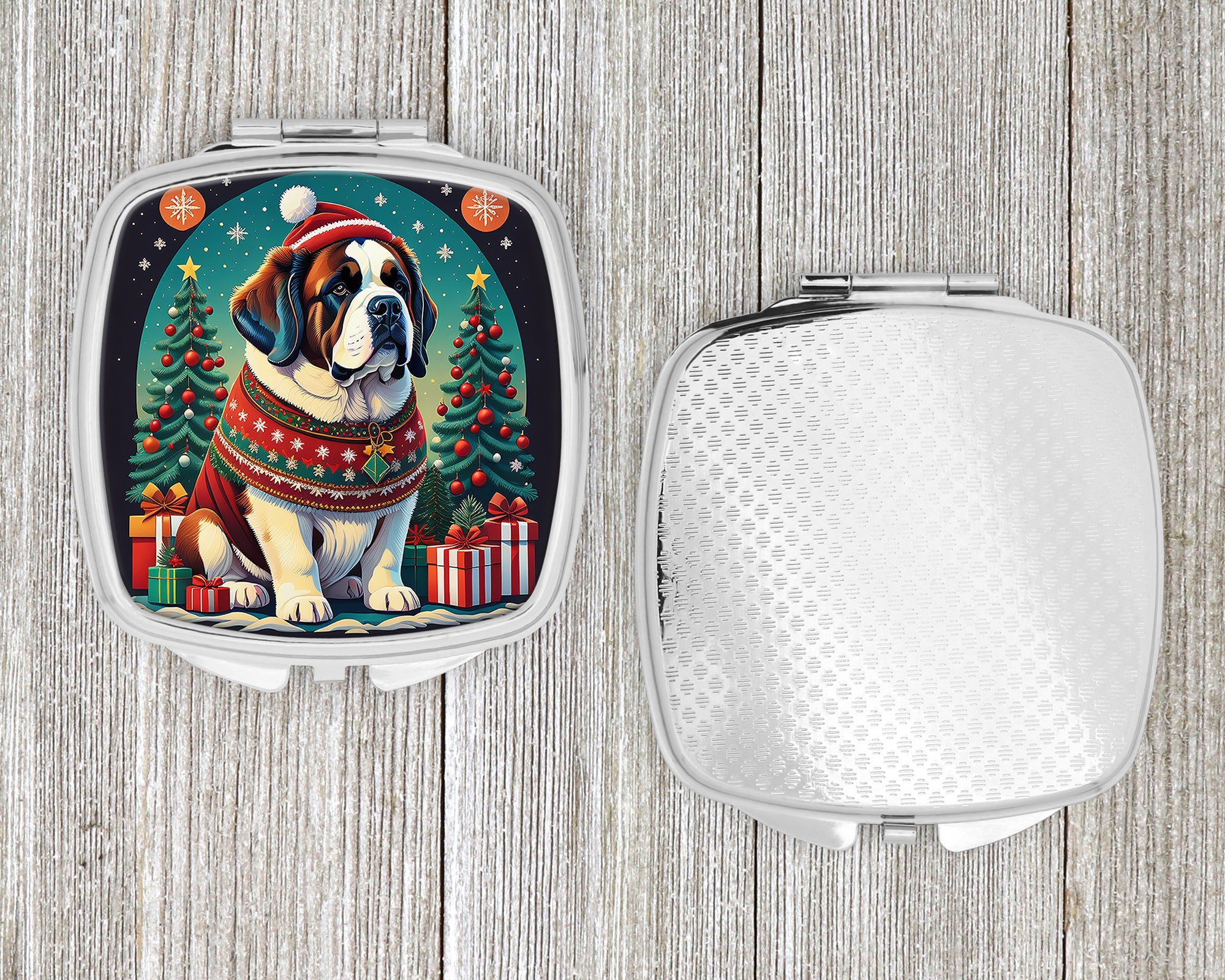 Saint Bernard Christmas Compact Mirror Decorative Travel Makeup Mirror for Women Girls Gifts Pocket Makeup Mirror Folding Handheld
