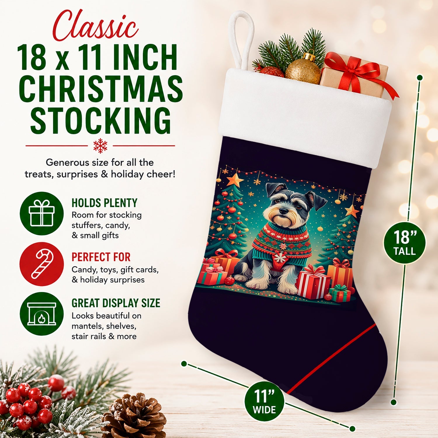 Schnauzer Christmas Holiday Stocking Double-Sided Print, Polyester Suede,11x18, Made in USA