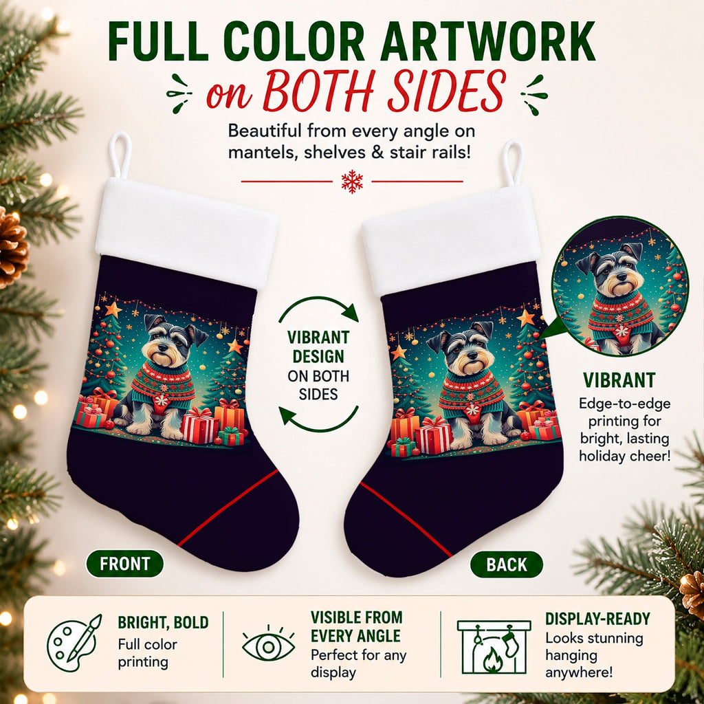 Schnauzer Christmas Holiday Stocking Double-Sided Print, Polyester Suede,11x18, Made in USA