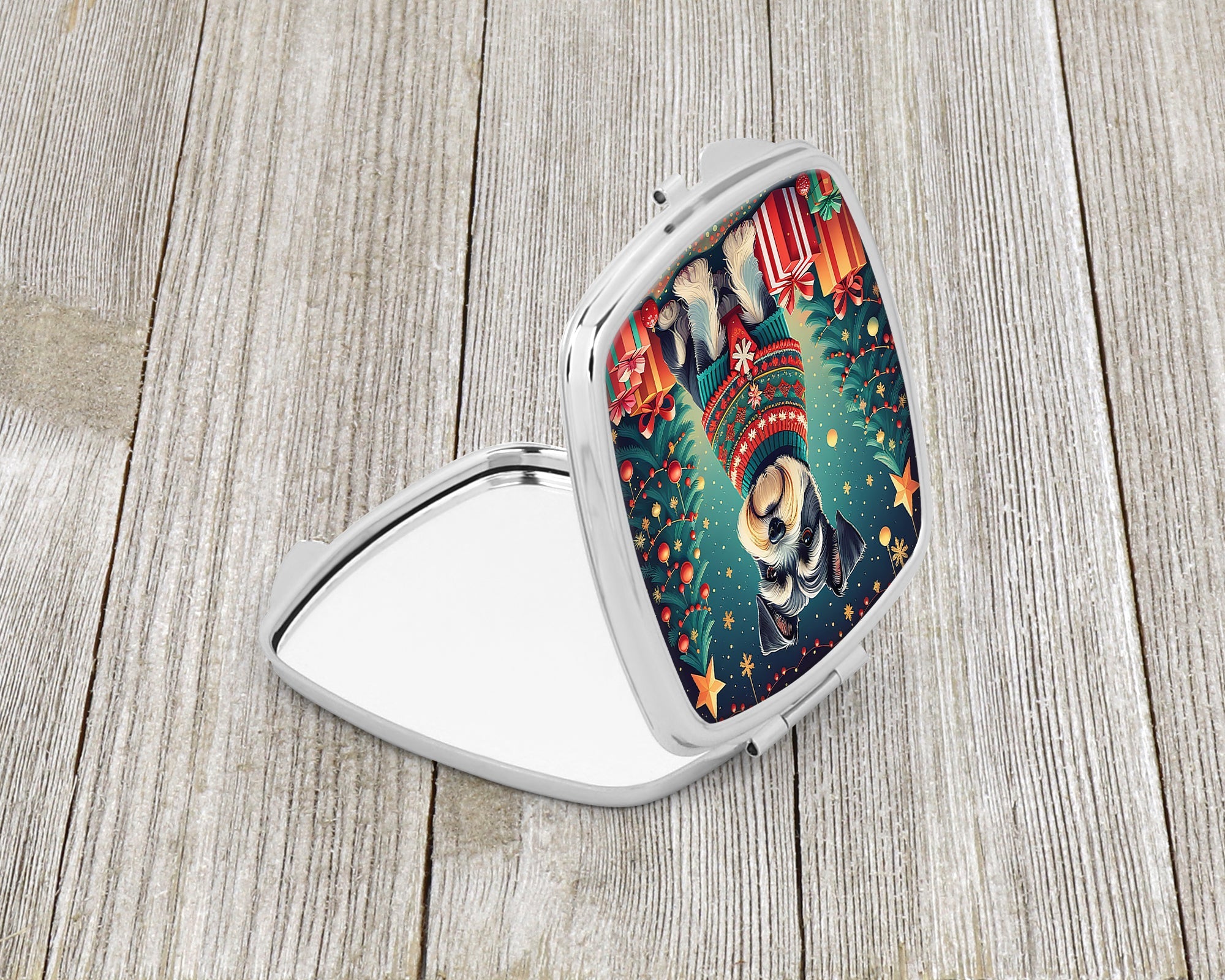 Schnauzer Christmas Compact Mirror Decorative Travel Makeup Mirror for Women Girls Gifts Pocket Makeup Mirror Folding Handheld