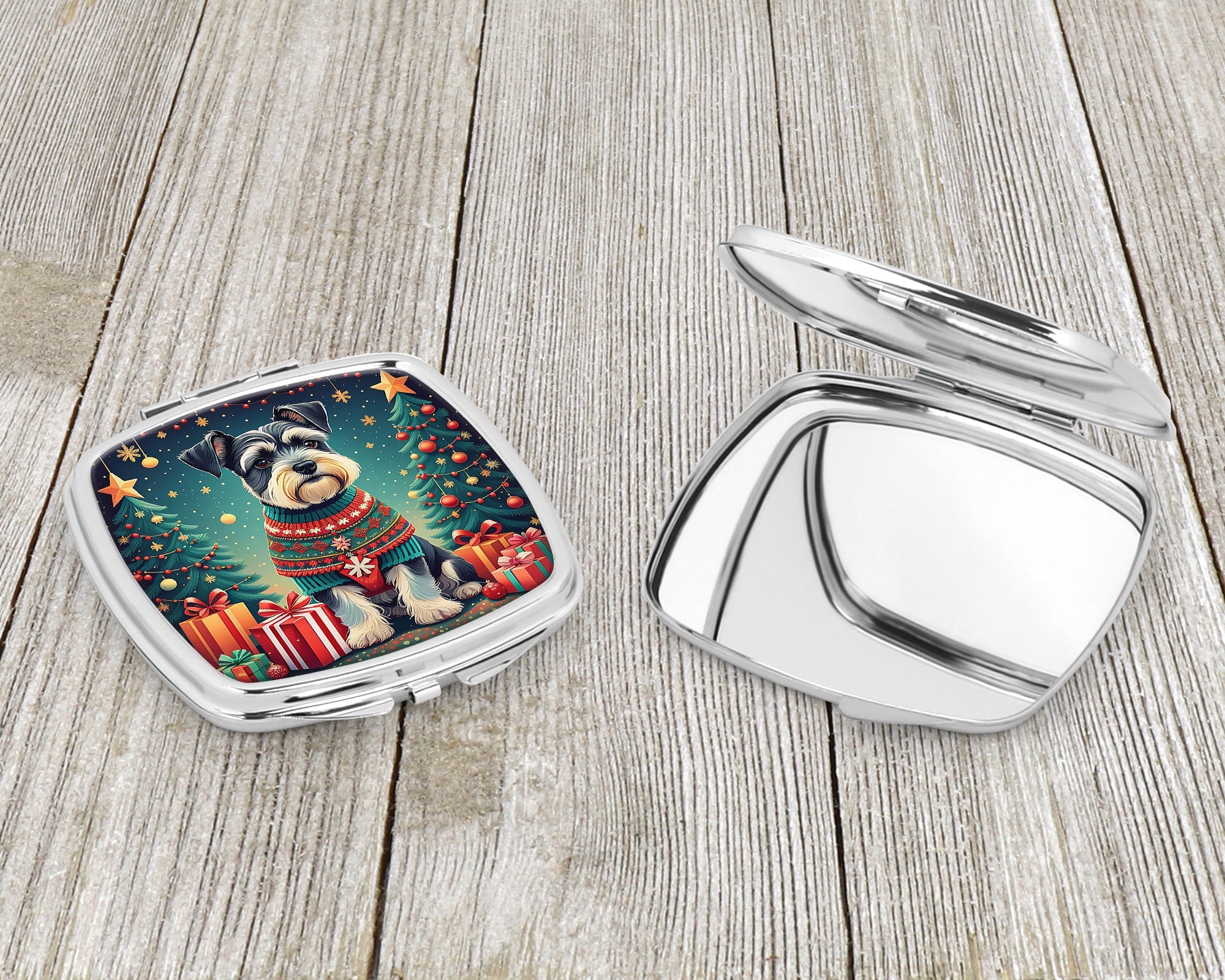 Schnauzer Christmas Compact Mirror Decorative Travel Makeup Mirror for Women Girls Gifts Pocket Makeup Mirror Folding Handheld