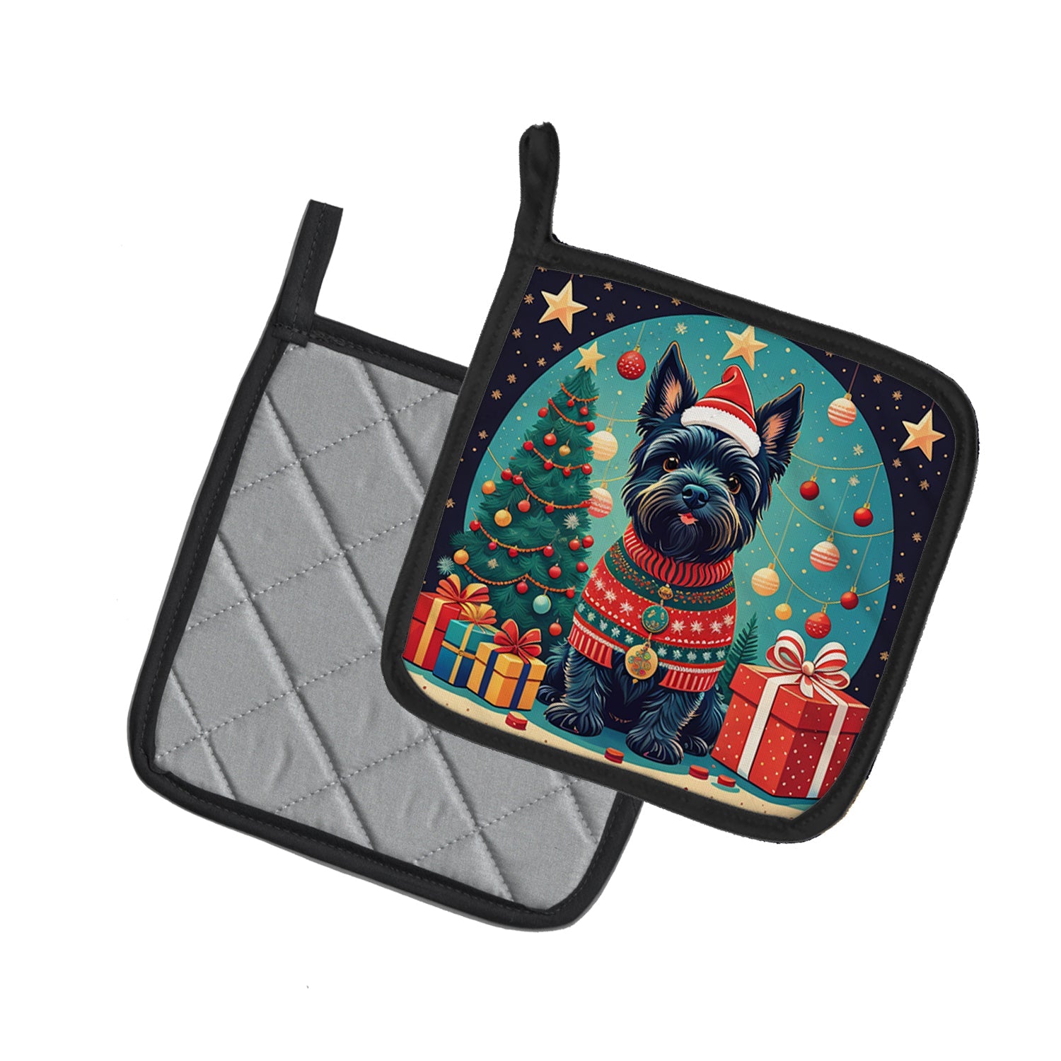 Scottish Terrier Christmas Pot Holder Set of 2 Heat Resistant Quilted Hot Pads 7.5 x 7.5 Inch, Insulated Kitchen Trivets for Cooking & Baking