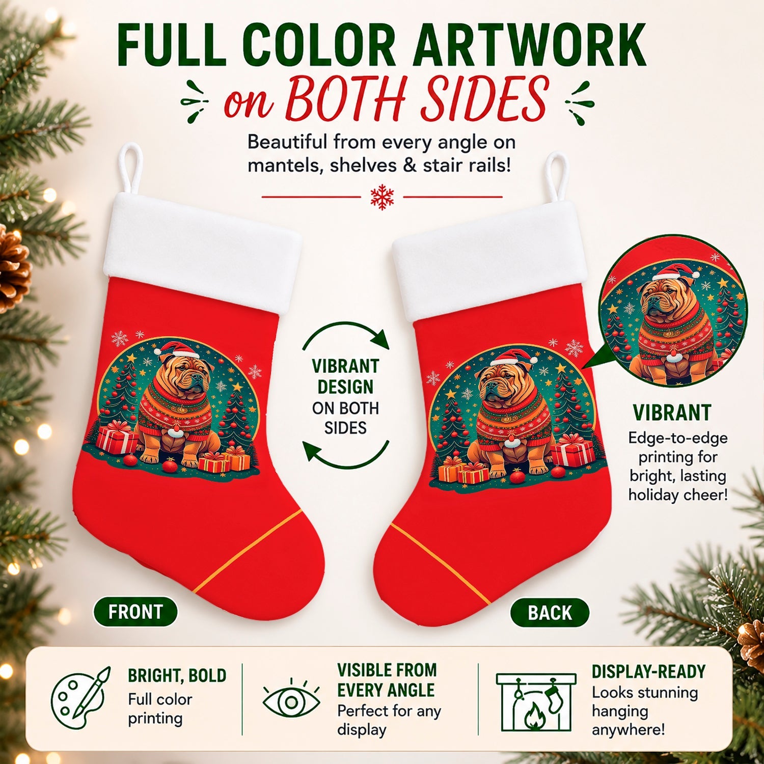 Shar Pei Christmas Holiday Stocking Double-Sided Print, Polyester Suede,11x18, Made in USA