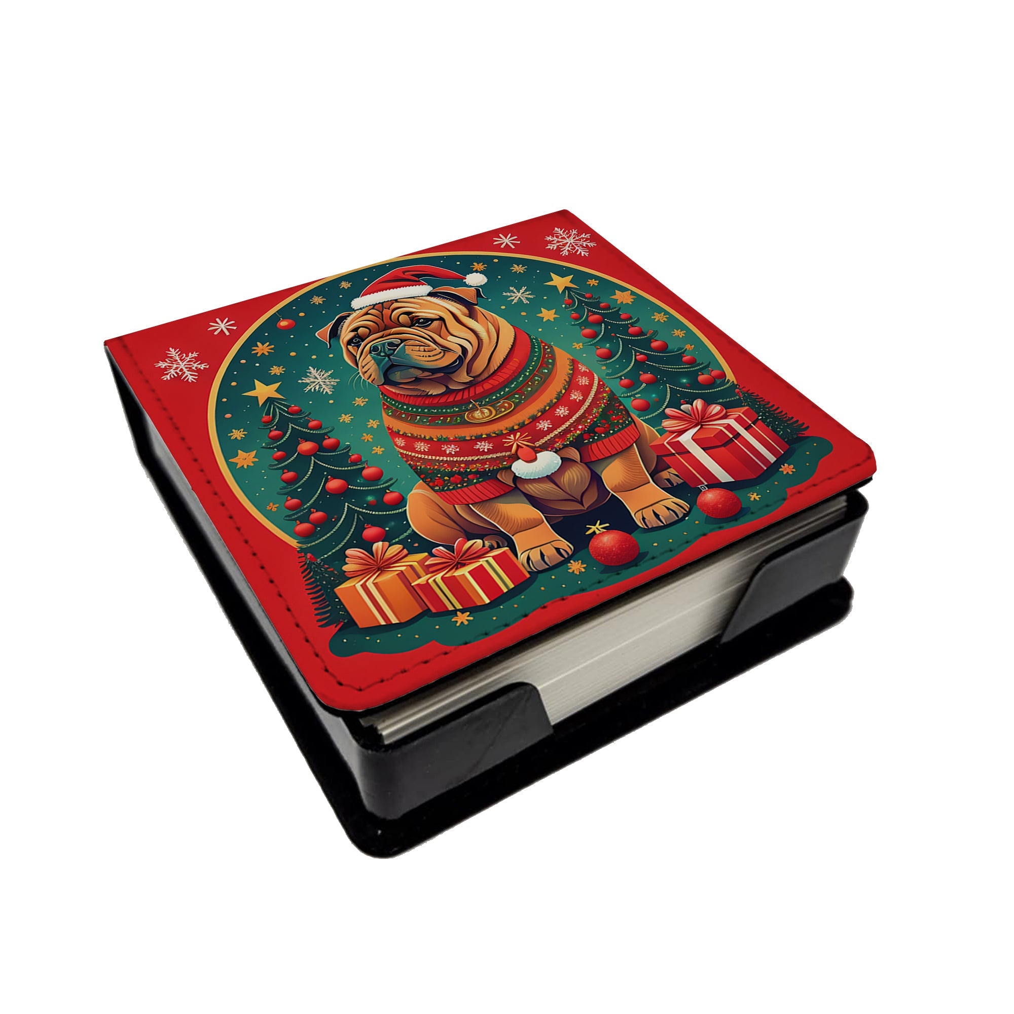 Shar Pei Christmas PU Leather Note Paper Holder with Artist-Designed Cover, Desk Accessory, Office Gift