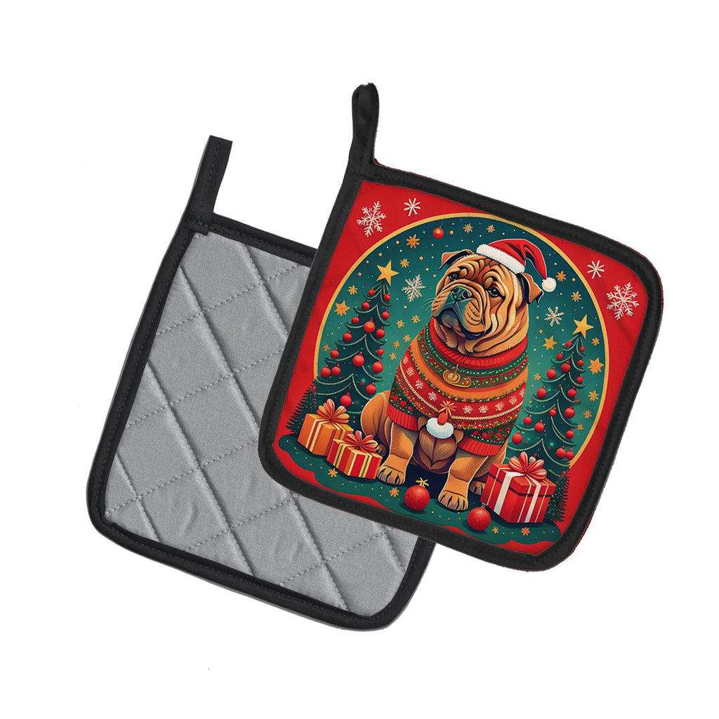 Shar Pei Christmas Pot Holder Set of 2 Heat Resistant Quilted Hot Pads 7.5 x 7.5 Inch, Insulated Kitchen Trivets for Cooking & Baking