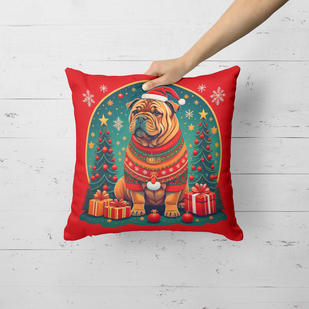 Shar Pei Christmas Decorative Throw Pillow 14x14 Indoor Outdoor Accent Cushion, Fabric Cover with Insert for Sofa, Bed, Porch & Living Room