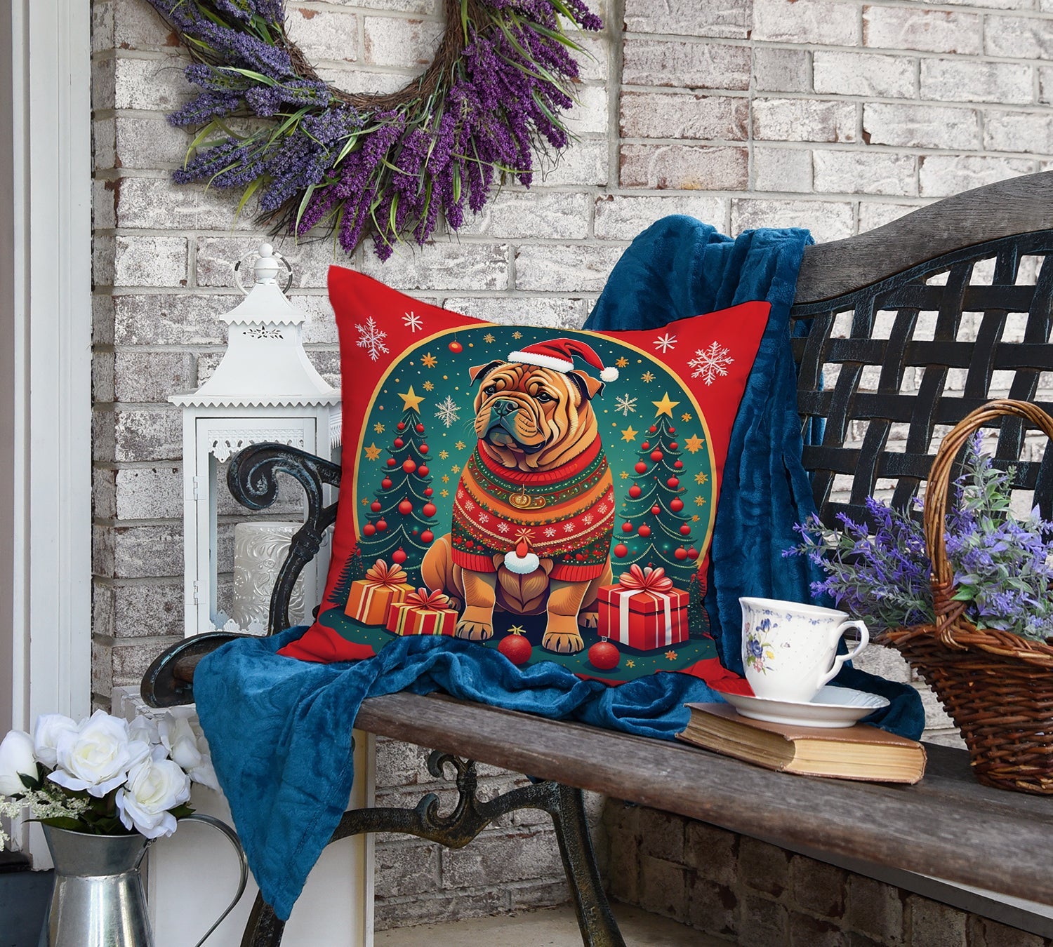 Shar Pei Christmas Decorative Throw Pillow 18x18 Indoor Outdoor Accent Cushion, Fabric Cover with Insert for Sofa, Bed, Porch & Living Room