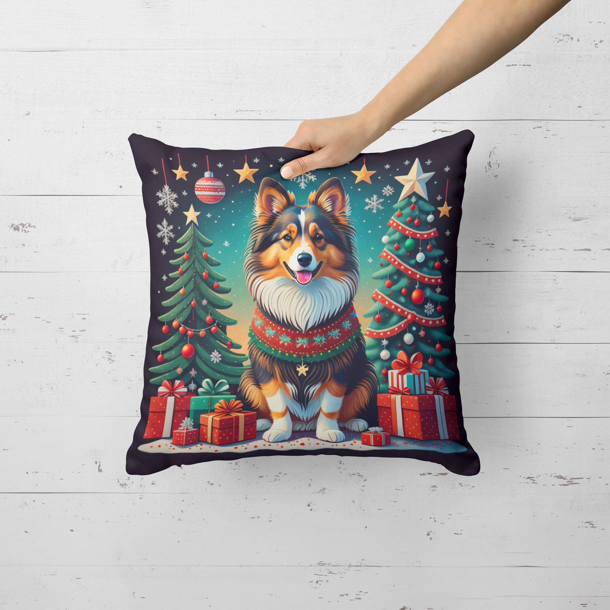 Sheltie Christmas Decorative Throw Pillow 14x14 Indoor Outdoor Accent Cushion, Fabric Cover with Insert for Sofa, Bed, Porch & Living Room