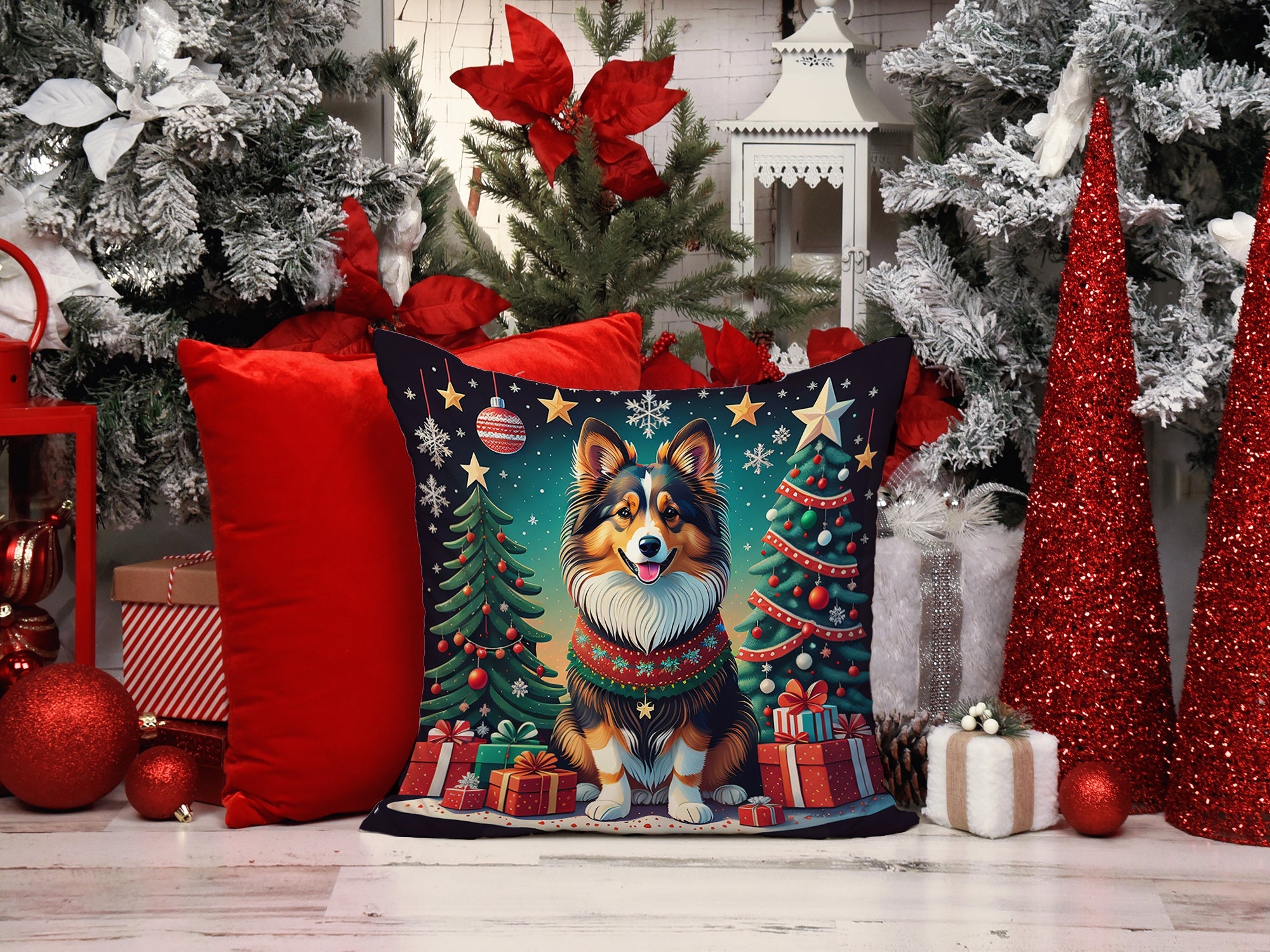 Sheltie Christmas Decorative Throw Pillow 18x18 Indoor Outdoor Accent Cushion, Fabric Cover with Insert for Sofa, Bed, Porch & Living Room