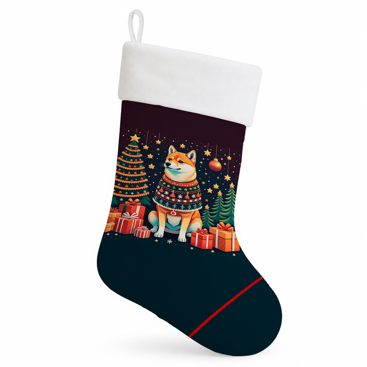 Shiba Inu Christmas Holiday Stocking Double-Sided Print, Polyester Suede,11x18, Made in USA