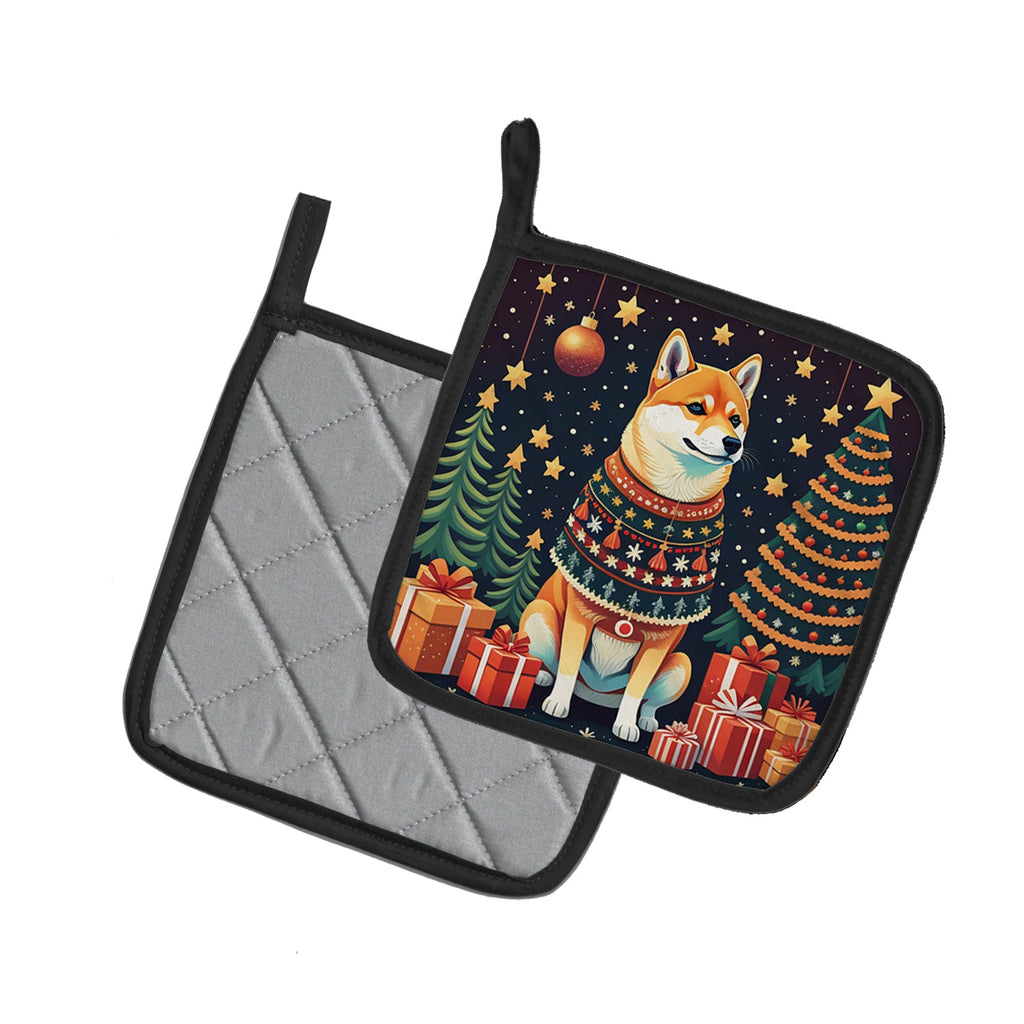 Shiba Inu Christmas Pot Holder Set of 2 Heat Resistant Quilted Hot Pads 7.5 x 7.5 Inch, Insulated Kitchen Trivets for Cooking & Baking