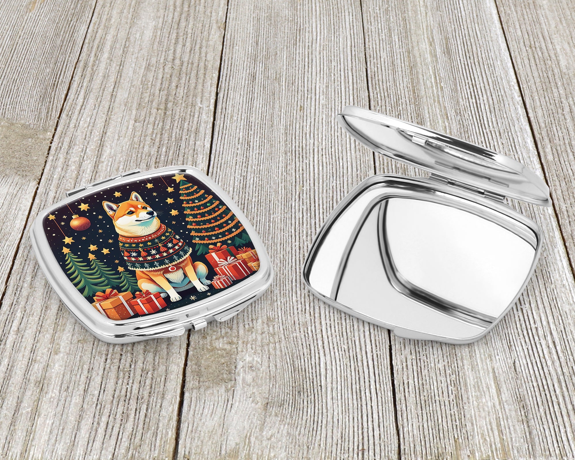Shiba Inu Christmas Compact Mirror Decorative Travel Makeup Mirror for Women Girls Gifts Pocket Makeup Mirror Folding Handheld