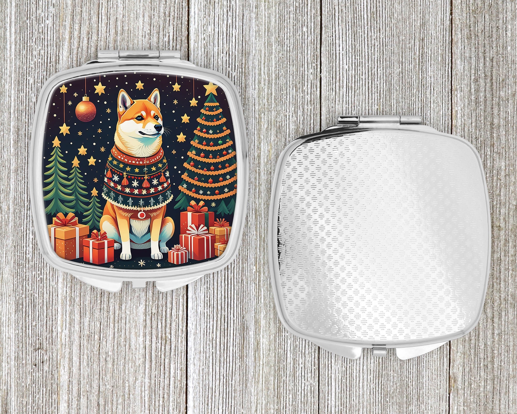 Shiba Inu Christmas Compact Mirror Decorative Travel Makeup Mirror for Women Girls Gifts Pocket Makeup Mirror Folding Handheld