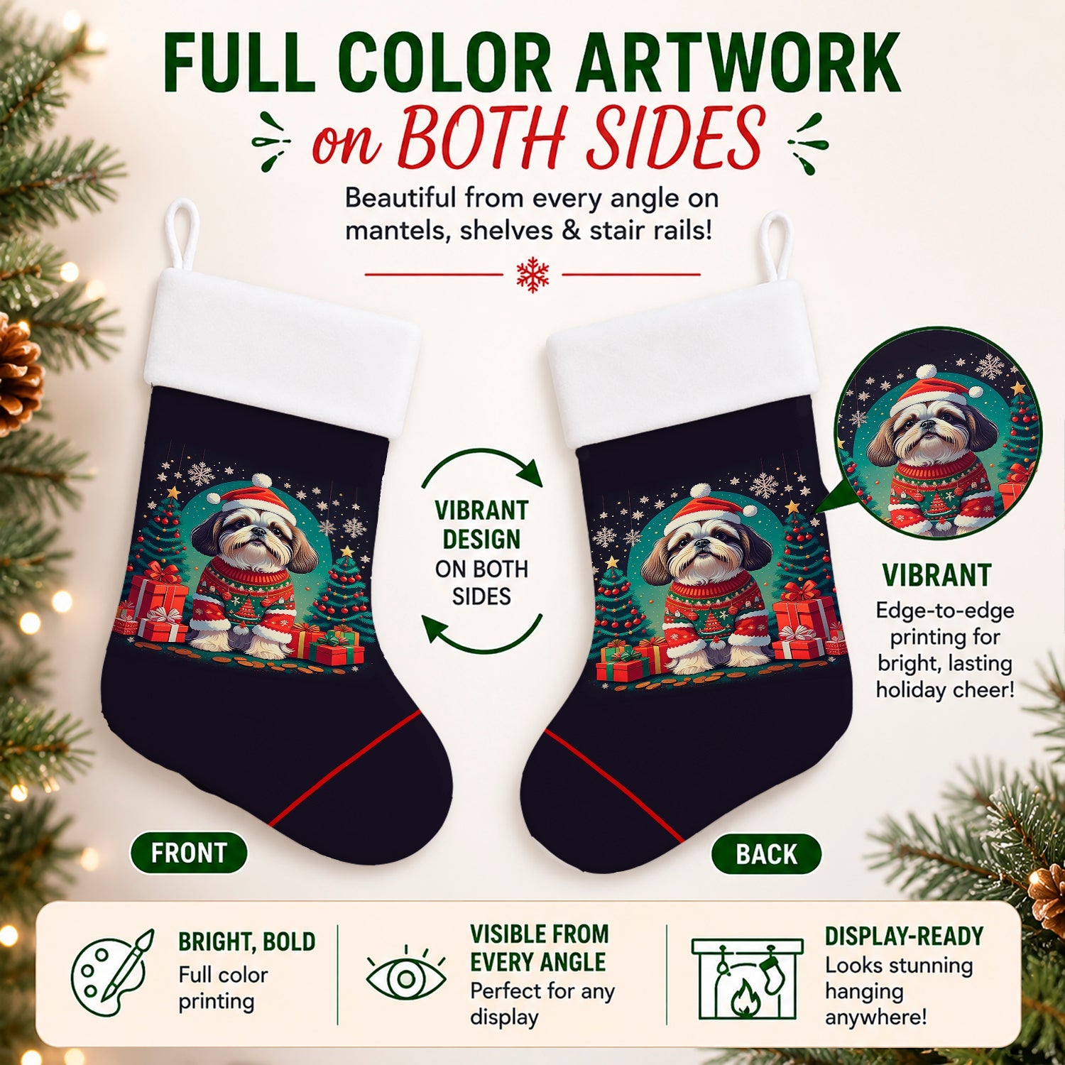 Shih Tzu Christmas Holiday Stocking Double-Sided Print, Polyester Suede,11x18, Made in USA