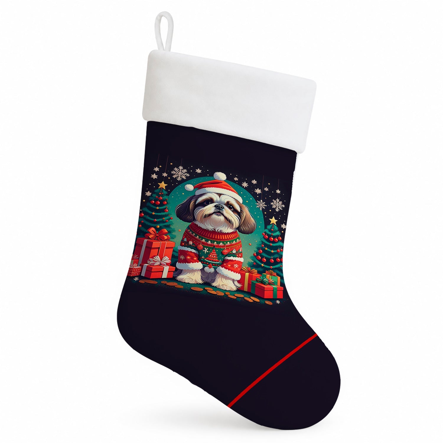 Shih Tzu Christmas Holiday Stocking Double-Sided Print, Polyester Suede,11x18, Made in USA