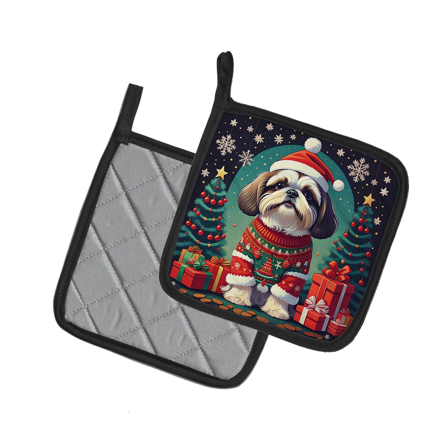 Shih Tzu Christmas Pot Holder Set of 2 Heat Resistant Quilted Hot Pads 7.5 x 7.5 Inch, Insulated Kitchen Trivets for Cooking & Baking