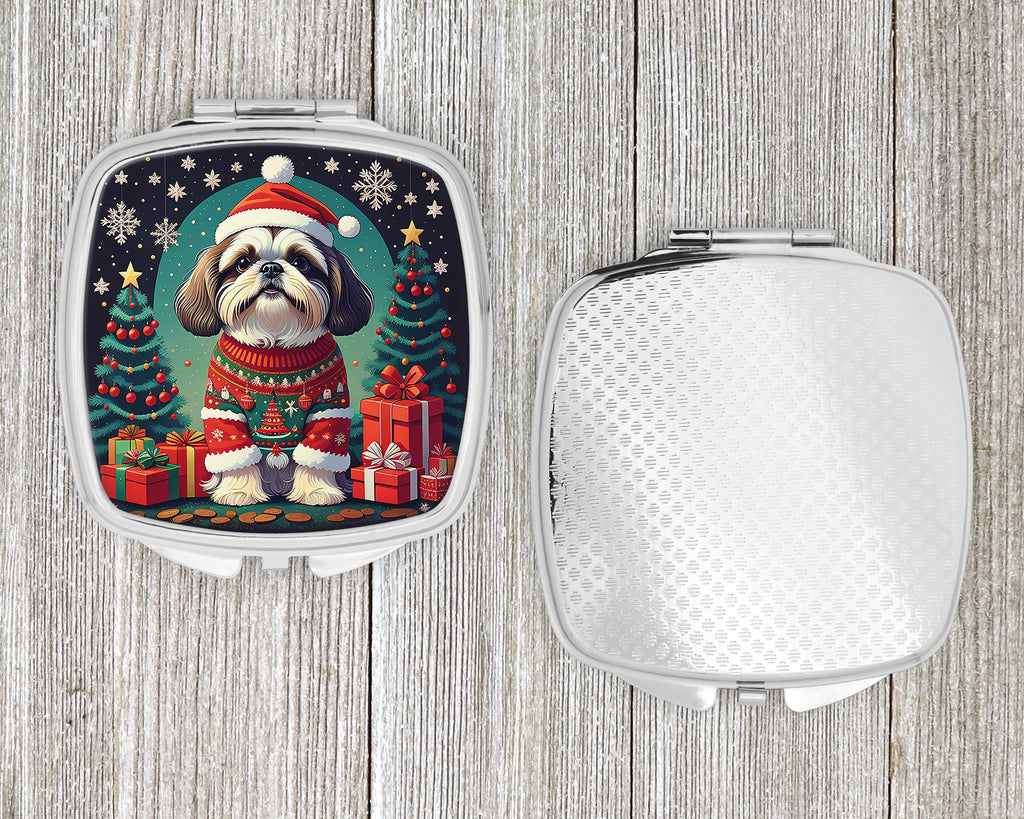 Shih Tzu Christmas Compact Mirror Decorative Travel Makeup Mirror for Women Girls Gifts Pocket Makeup Mirror Folding Handheld
