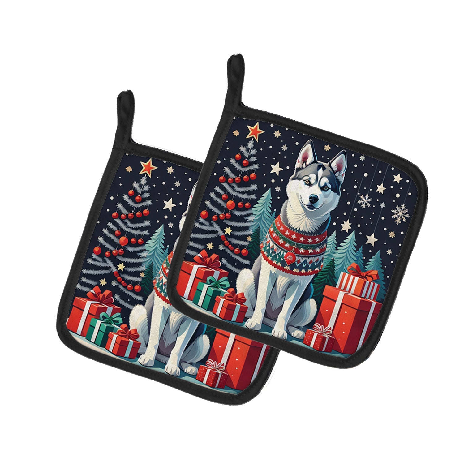Siberian Husky Christmas Pot Holder Set of 2 Heat Resistant Quilted Hot Pads 7.5 x 7.5 Inch, Insulated Kitchen Trivets for Cooking & Baking