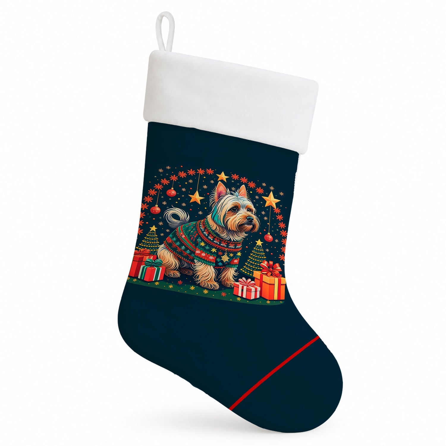 Silky Terrier Christmas Holiday Stocking Double-Sided Print, Polyester Suede,11x18, Made in USA