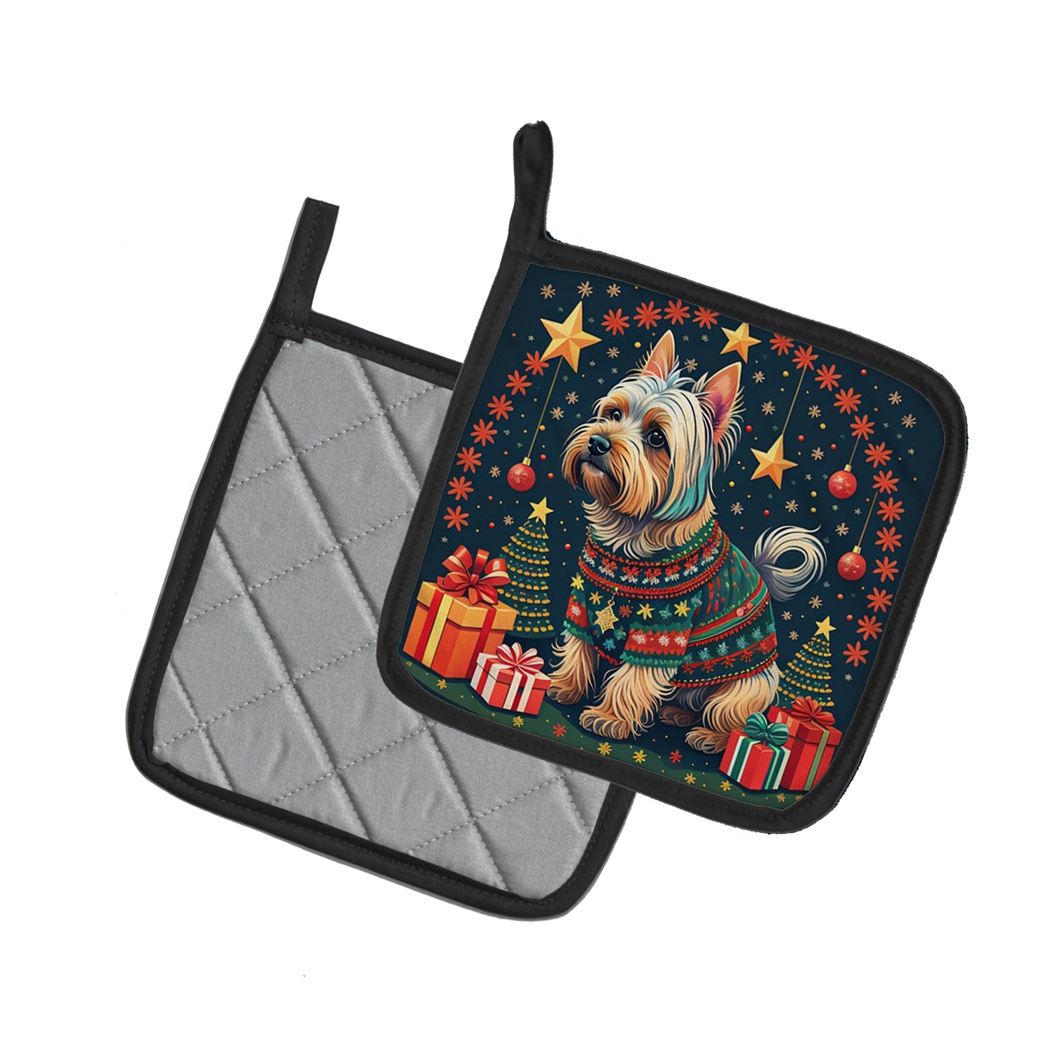 Silky Terrier Christmas Pot Holder Set of 2 Heat Resistant Quilted Hot Pads 7.5 x 7.5 Inch, Insulated Kitchen Trivets for Cooking & Baking