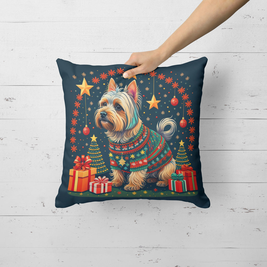 Silky Terrier Christmas Decorative Throw Pillow 14x14 Indoor Outdoor Accent Cushion, Fabric Cover with Insert for Sofa, Bed, Porch & Living Room