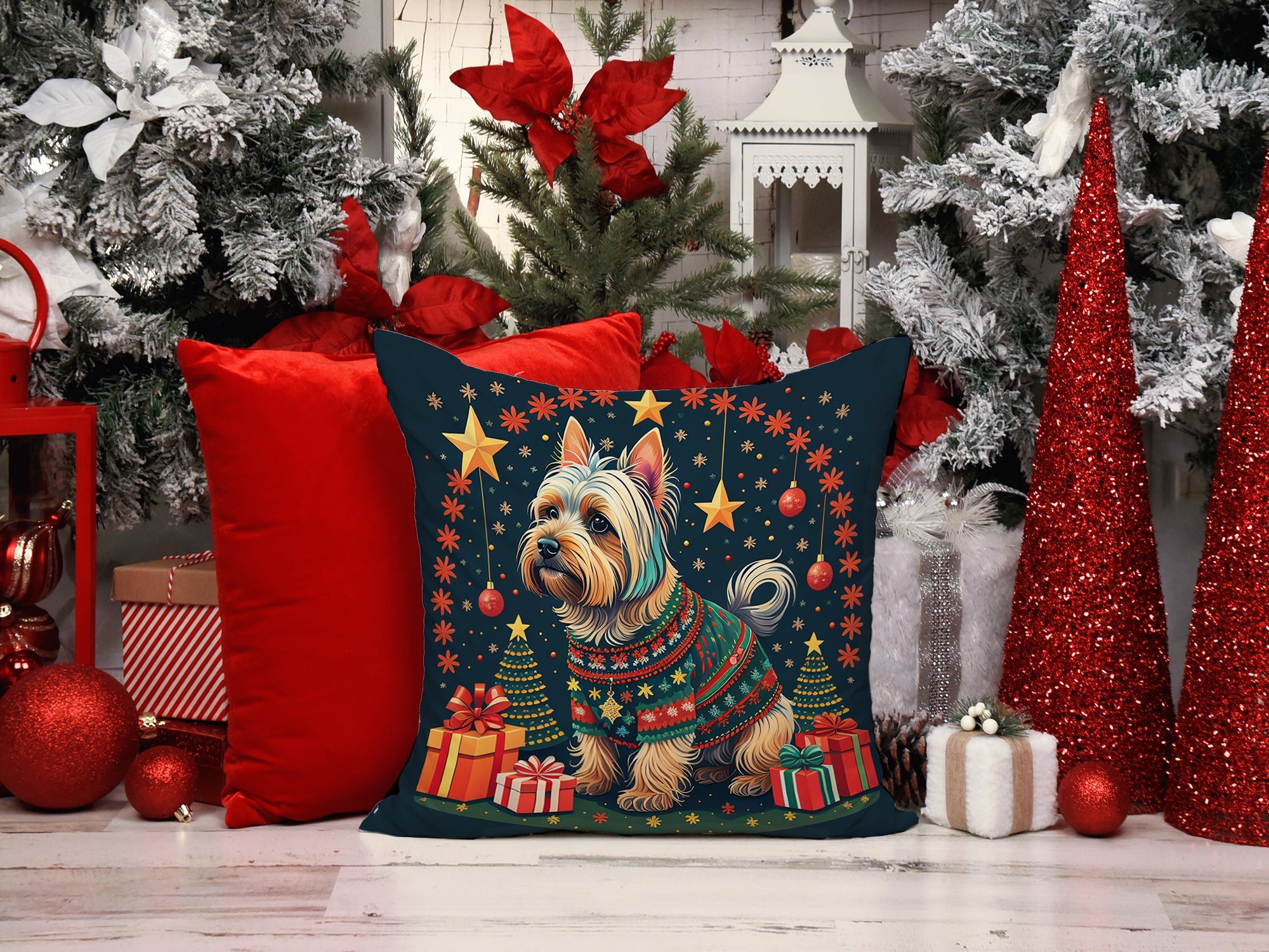 Silky Terrier Christmas Decorative Throw Pillow 14x14 Indoor Outdoor Accent Cushion, Fabric Cover with Insert for Sofa, Bed, Porch & Living Room