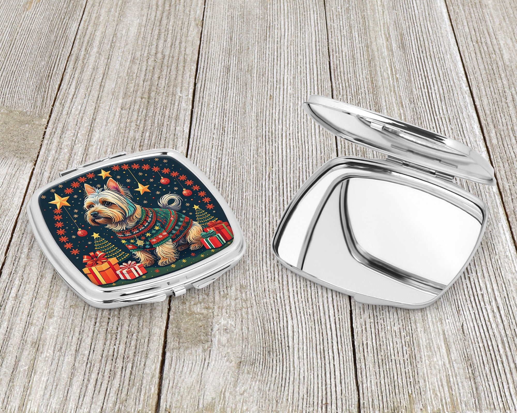 Silky Terrier Christmas Compact Mirror Decorative Travel Makeup Mirror for Women Girls Gifts Pocket Makeup Mirror Folding Handheld