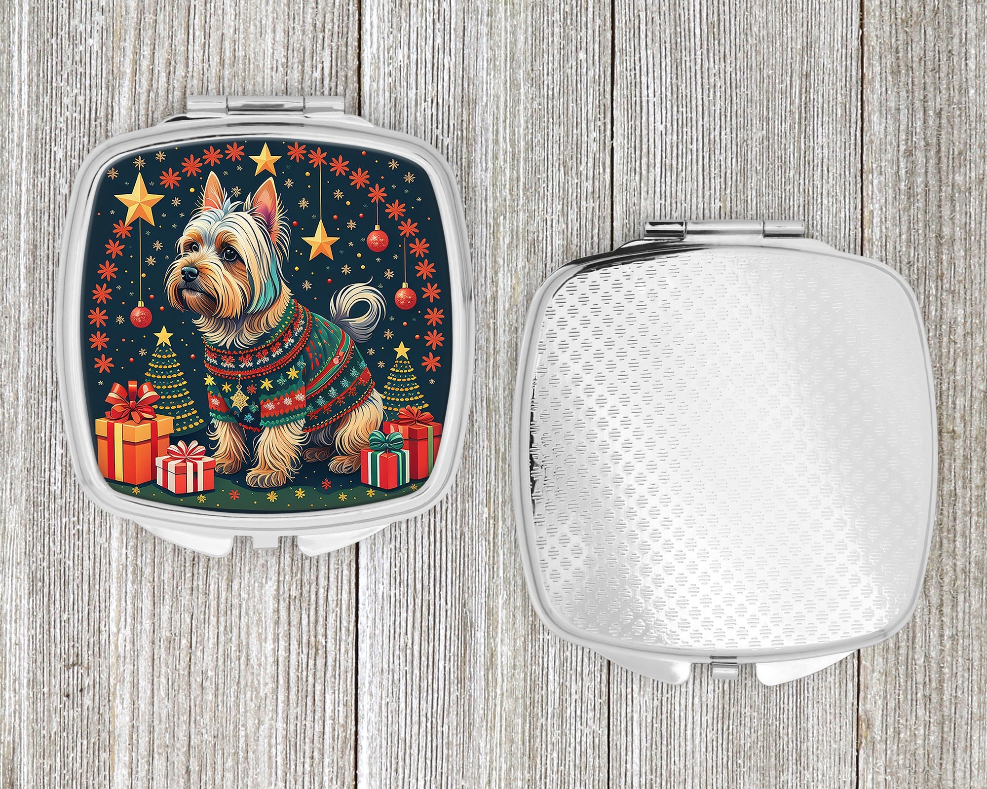 Silky Terrier Christmas Compact Mirror Decorative Travel Makeup Mirror for Women Girls Gifts Pocket Makeup Mirror Folding Handheld