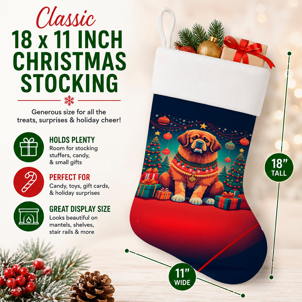 Tibetan Mastiff Christmas Holiday Stocking Double-Sided Print, Polyester Suede,11x18, Made in USA
