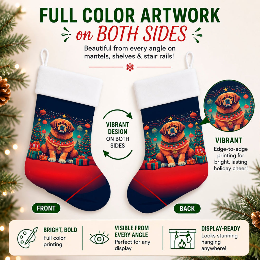 Tibetan Mastiff Christmas Holiday Stocking Double-Sided Print, Polyester Suede,11x18, Made in USA