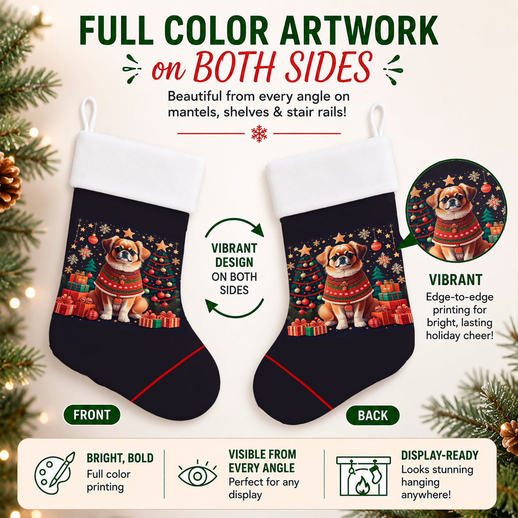 Tibetan Spaniel Christmas Holiday Stocking Double-Sided Print, Polyester Suede,11x18, Made in USA