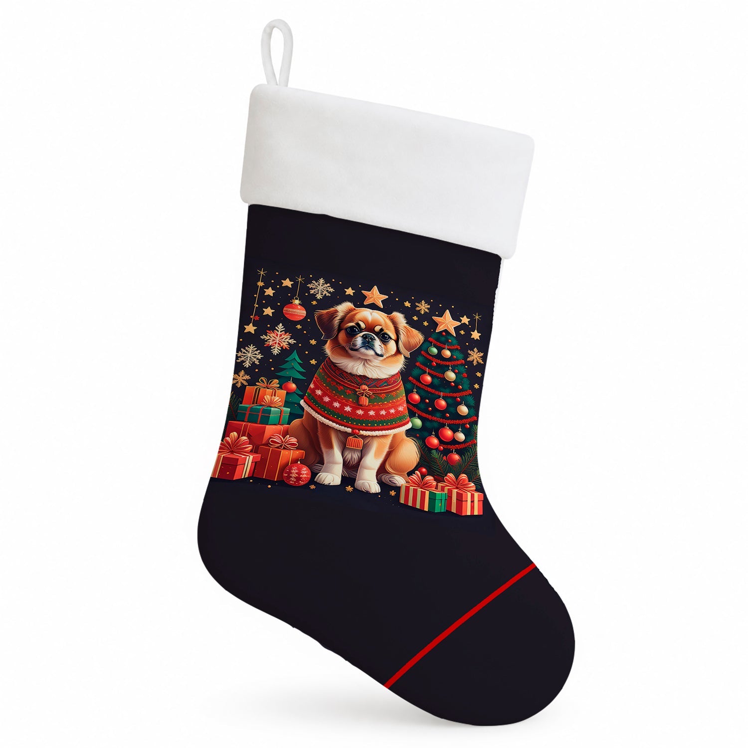 Tibetan Spaniel Christmas Holiday Stocking Double-Sided Print, Polyester Suede,11x18, Made in USA