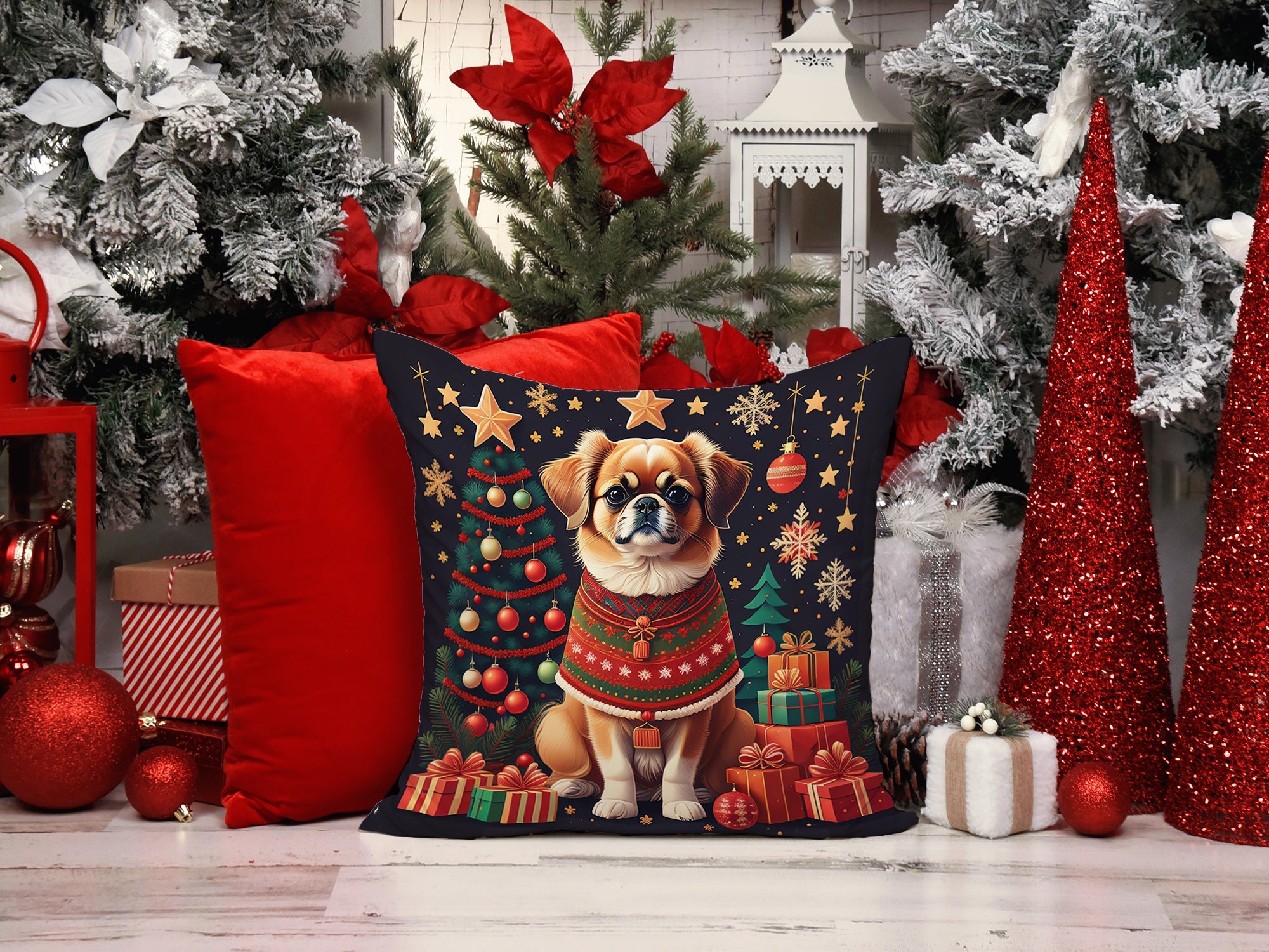 Tibetan Spaniel Christmas Decorative Throw Pillow 14x14 Indoor Outdoor Accent Cushion, Fabric Cover with Insert for Sofa, Bed, Porch & Living Room
