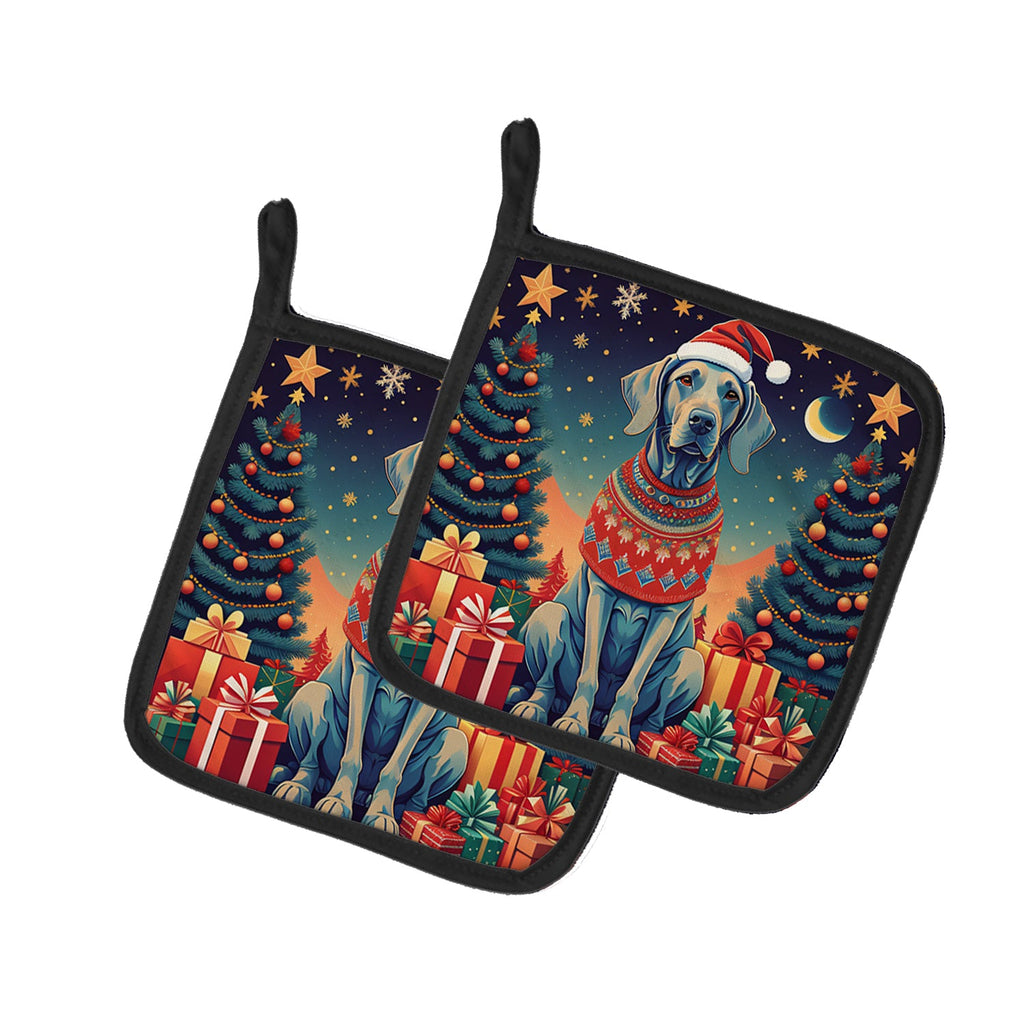 Weimaraner Christmas Pot Holder Set of 2 Heat Resistant Quilted Hot Pads 7.5 x 7.5 Inch, Insulated Kitchen Trivets for Cooking & Baking