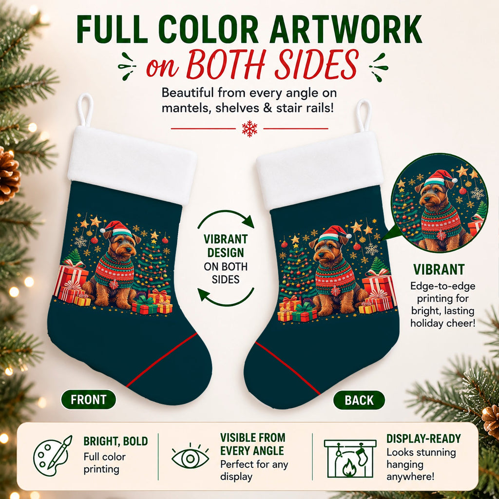 Welsh Terrier Christmas Holiday Stocking Double-Sided Print, Polyester Suede,11x18, Made in USA