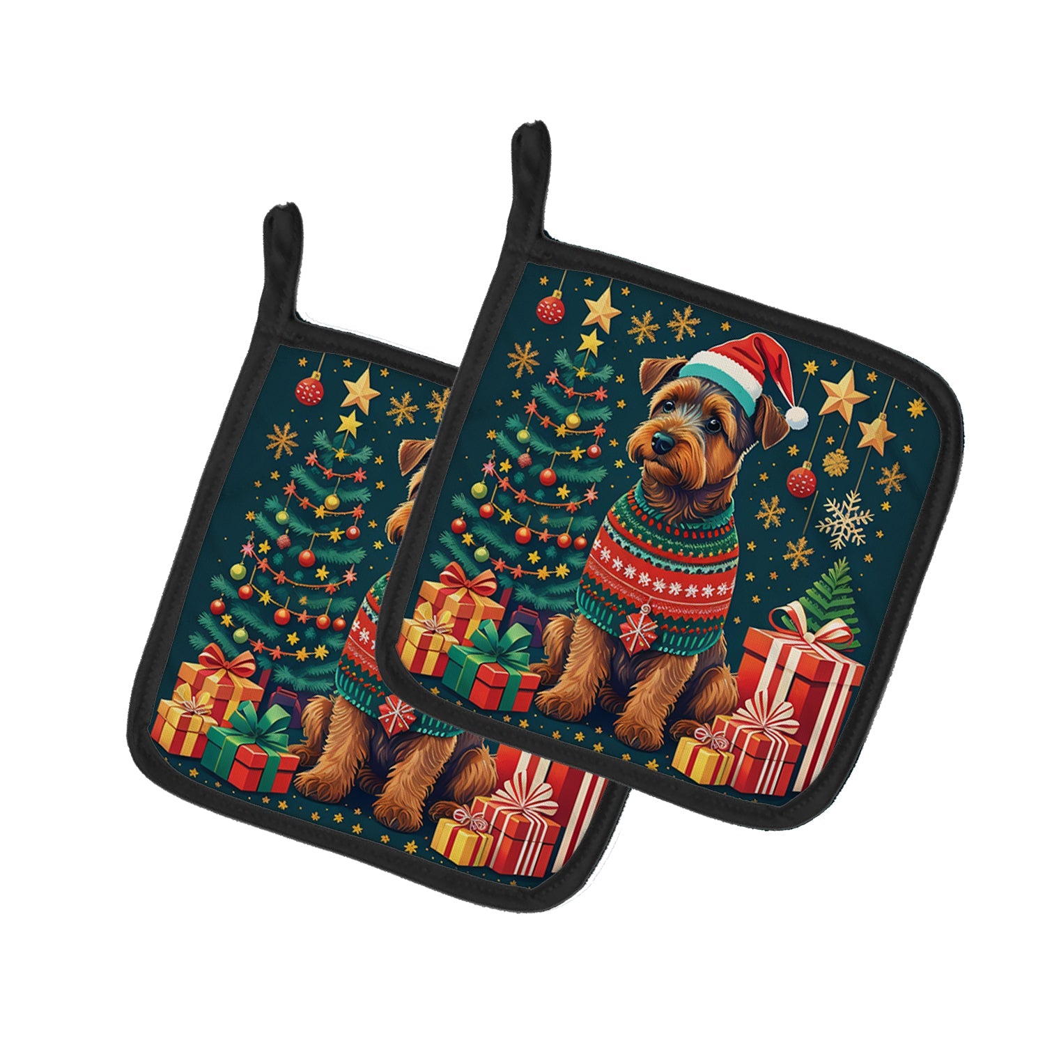 Welsh Terrier Christmas Pot Holder Set of 2 Heat Resistant Quilted Hot Pads 7.5 x 7.5 Inch, Insulated Kitchen Trivets for Cooking & Baking