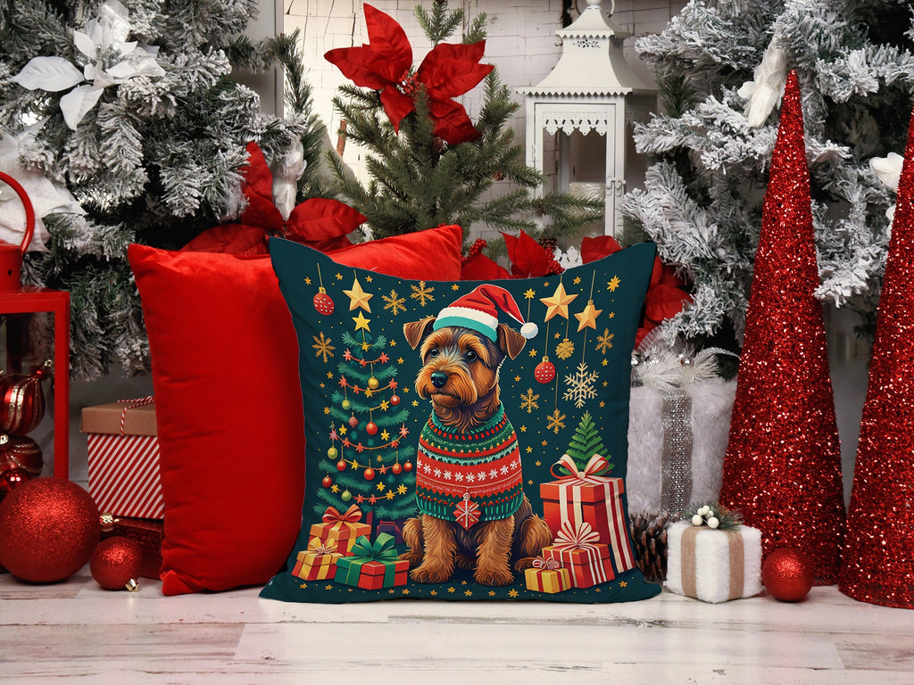 Welsh Terrier Christmas Decorative Throw Pillow 14x14 Indoor Outdoor Accent Cushion, Fabric Cover with Insert for Sofa, Bed, Porch & Living Room
