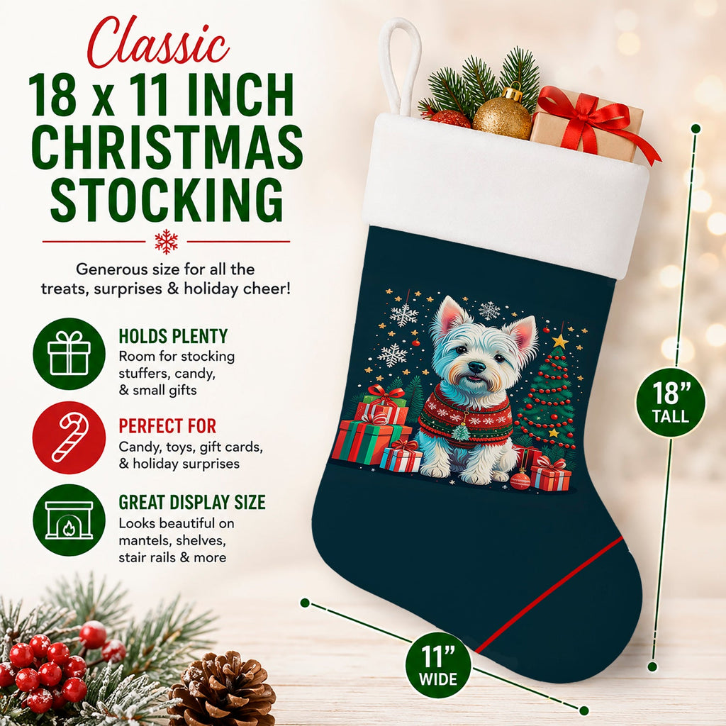 Westie Christmas Holiday Stocking Double-Sided Print, Polyester Suede,11x18, Made in USA
