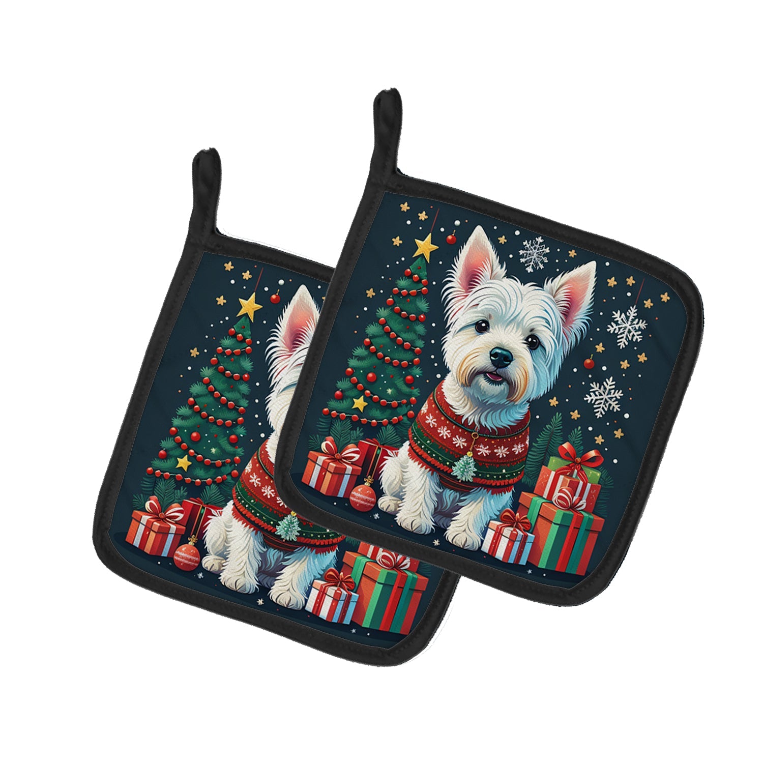 Westie Christmas Pot Holder Set of 2 Heat Resistant Quilted Hot Pads 7.5 x 7.5 Inch, Insulated Kitchen Trivets for Cooking & Baking