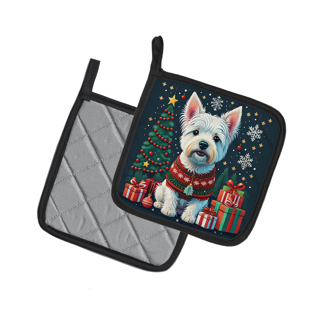 Westie Christmas Pot Holder Set of 2 Heat Resistant Quilted Hot Pads 7.5 x 7.5 Inch, Insulated Kitchen Trivets for Cooking & Baking