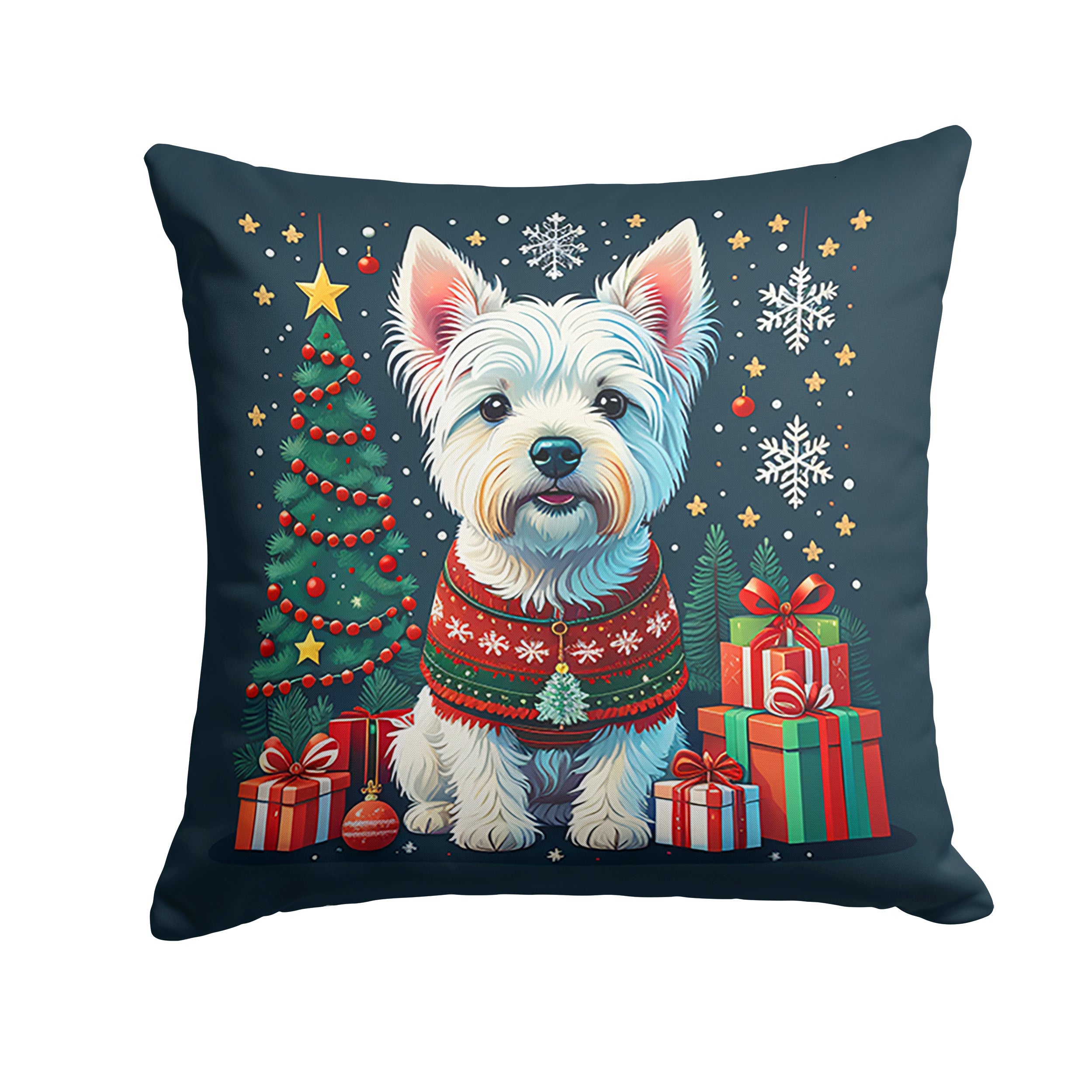 Westie Christmas Decorative Throw Pillow 14x14 Indoor Outdoor Accent Cushion, Fabric Cover with Insert for Sofa, Bed, Porch & Living Room
